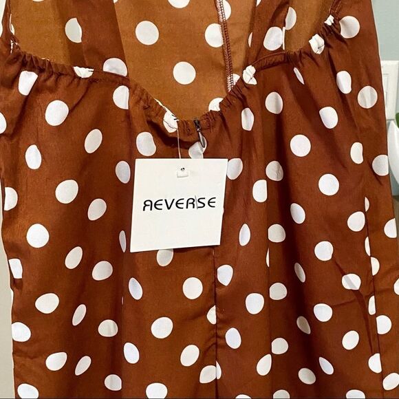 NWT Reverse Mocha White Polka Dot Jumper Size XS Adjustable Straps Patch Pockets - Picture 4 of 7